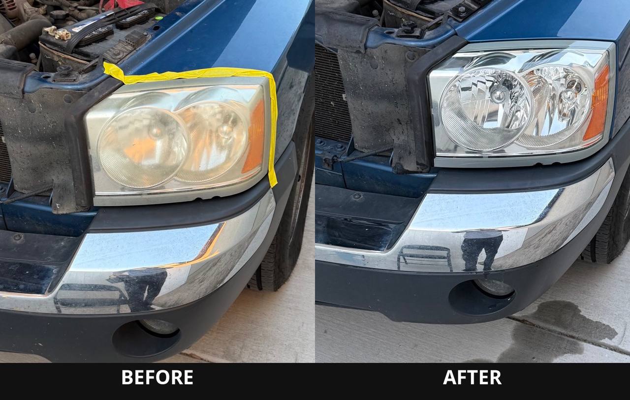 Before and after headlight restoration on a blue SUV. Cloudy yellow lens on the left, clear lens on the right.